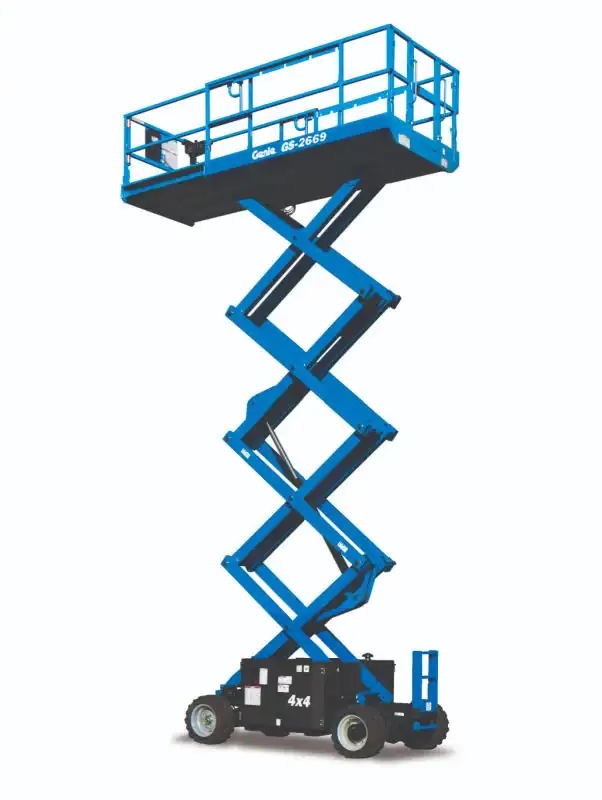 Blue scissor lift platform for industrial or construction use.