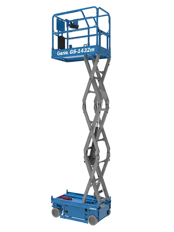 Blue electric scissor lift with extendable platform for maintenance work.