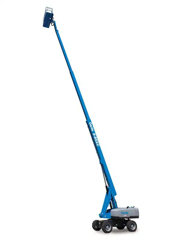 Blue industrial lift with extended arm for heavy loads.